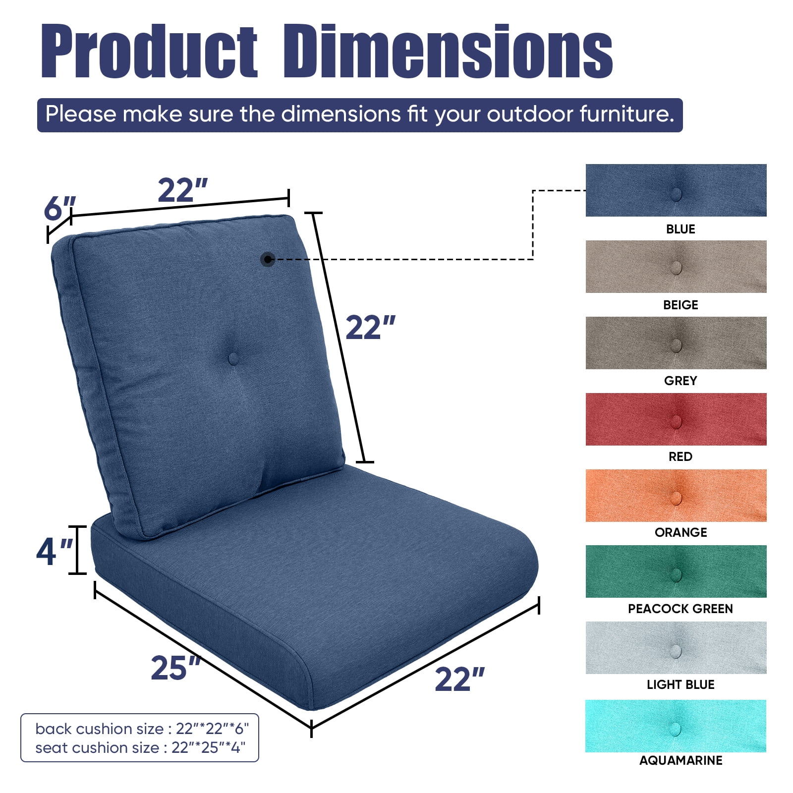 Giantfurnni Cushions for Outdoor Furniture Set 22 x 24,Patio Furniture Cushions Waterproof & Fade Resistant Deep Seat Cushion for Wicker Chair, Sofa, Couch