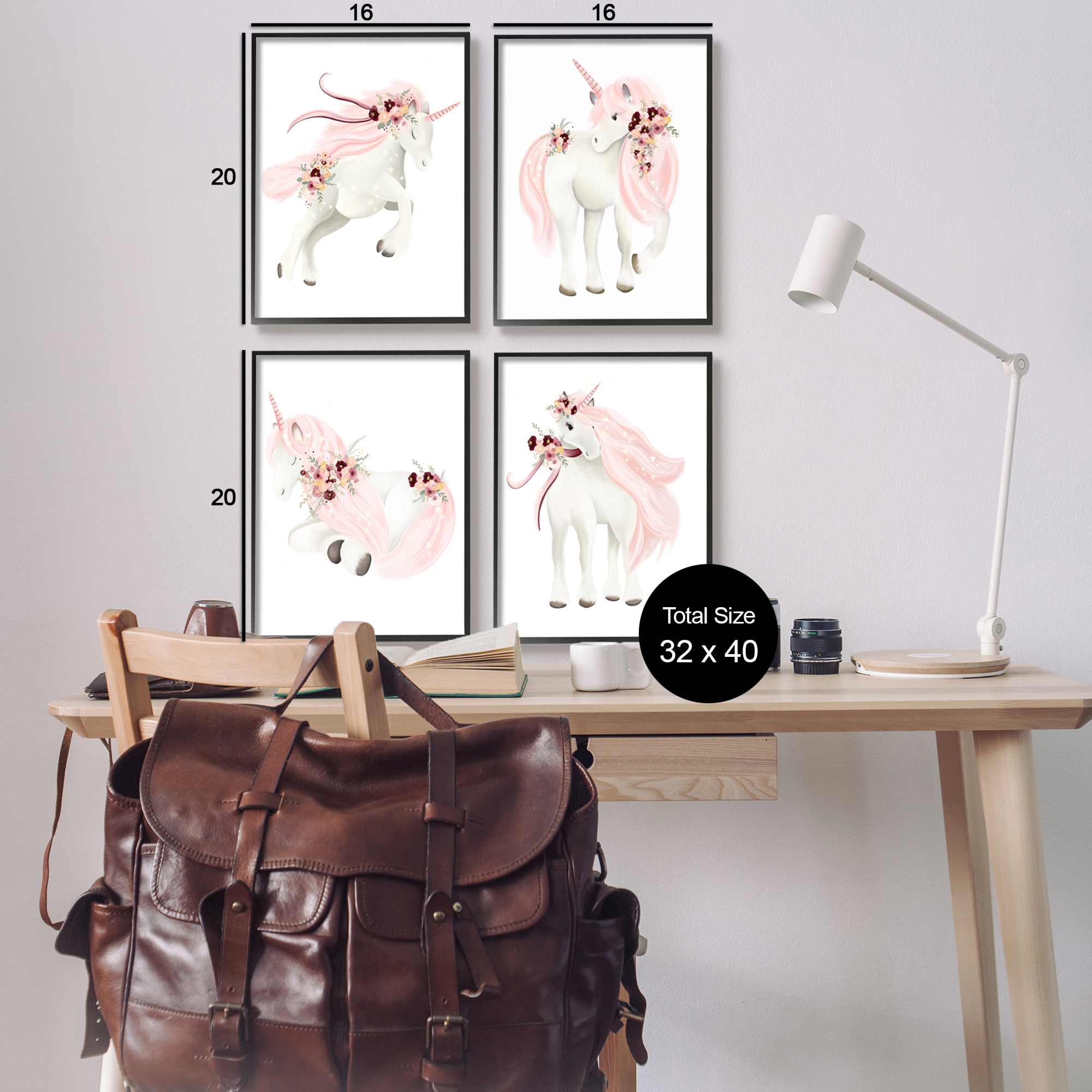 Stupell Industries Pastel Pink Unicorns Fairy Tales & Fantasy Painting Black Framed Art Print Wall Art, 16 x 20
