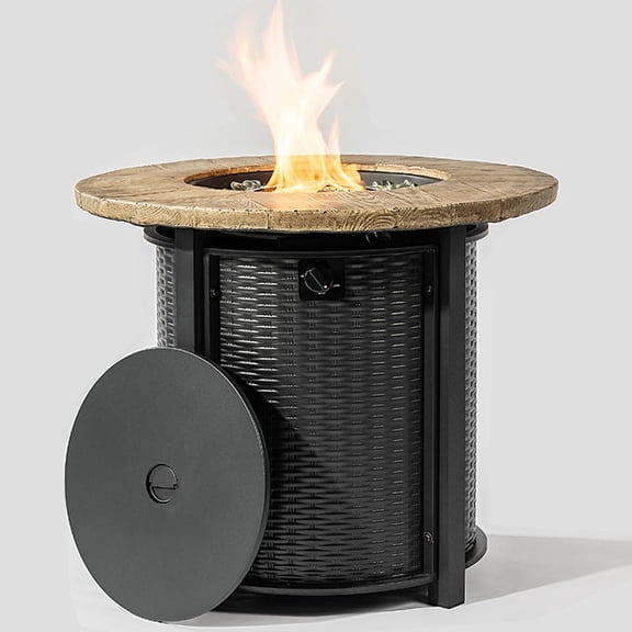 POVANLI 30" Propane Gas Fire Pit Table, 50000 BTU Round Steel Fire Pit with Imitation Wood Grain Finish for Outside Patio Deck Garden Backyard- Black