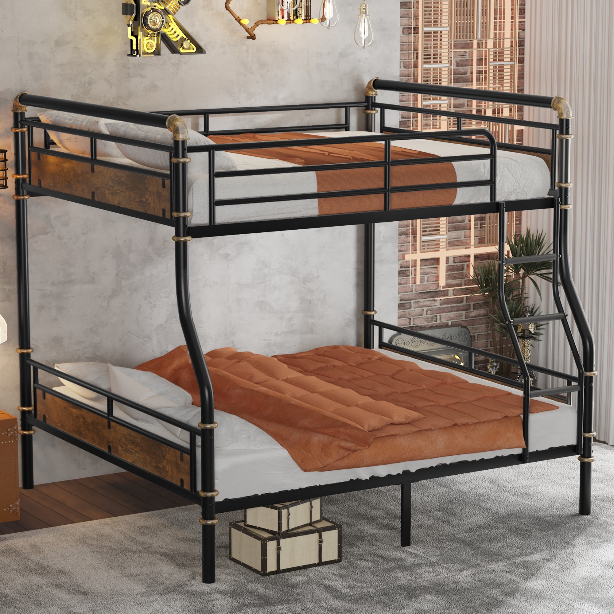 Full XL over Queen Bunk Bed,Heavy Duty Metal Bed Frame with Safety Guard Rails for Kids Teens, Black
