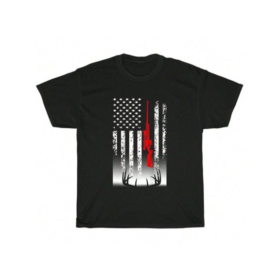 Men's Patriotic American Flag Hunting Rifle T-Shirt Deer Antlers Graphic Tee Black