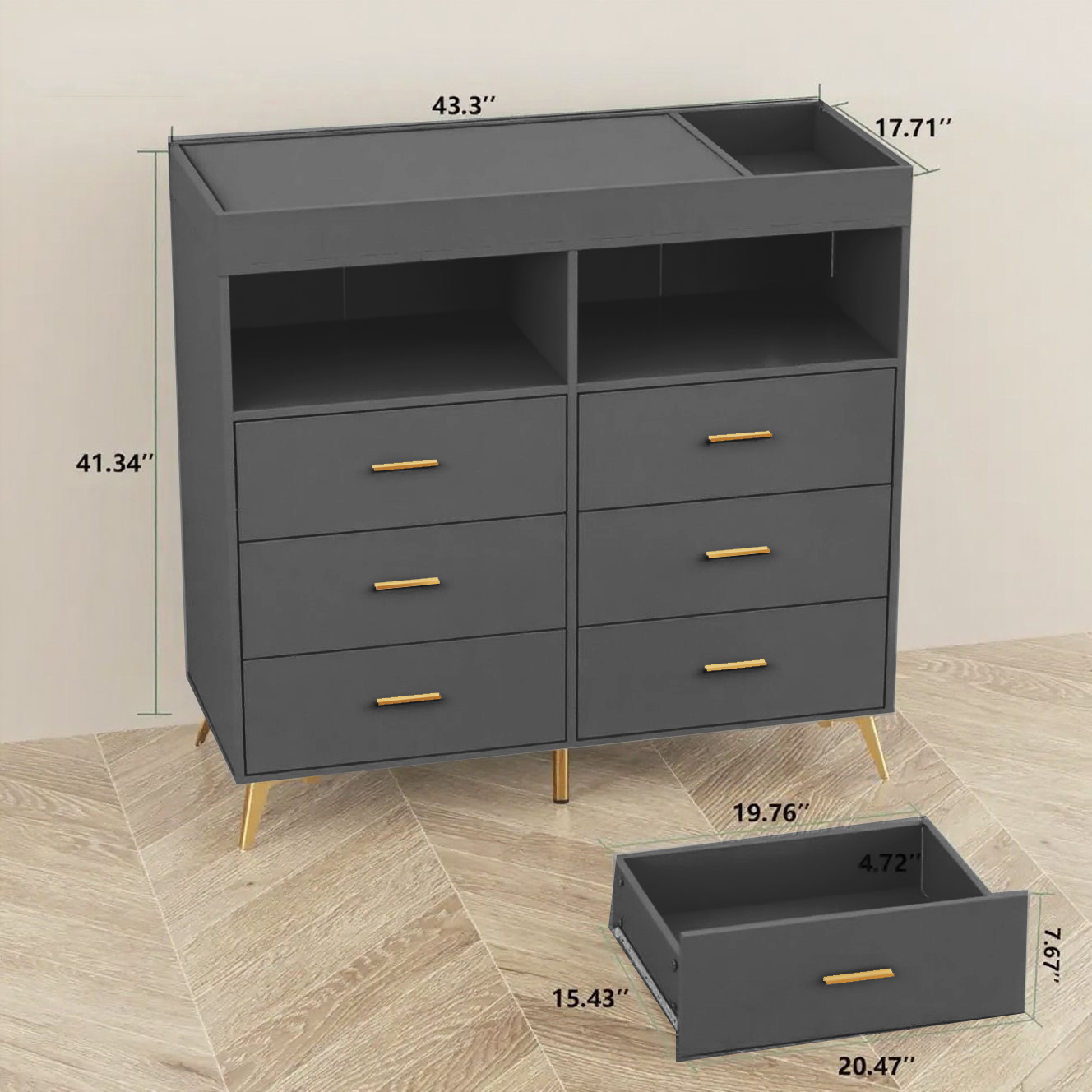 6 Drawer Dresser with LED Lights and Charging Station, Baby Changing Table with Storage, 43 Inches for Nursery Bedroom