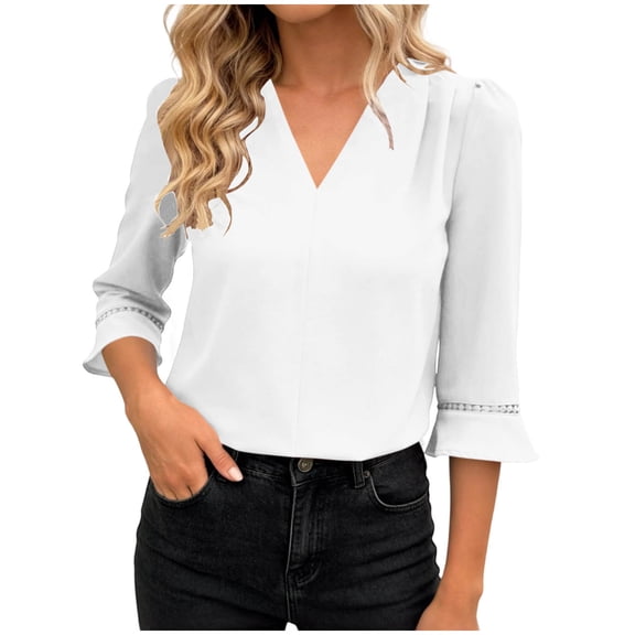 Lenpel 3/4 Length Sleeve Womens Tops V Neck Loose Dress Shirts Lightweight Patchwork Hollow out Business Casual Blouses