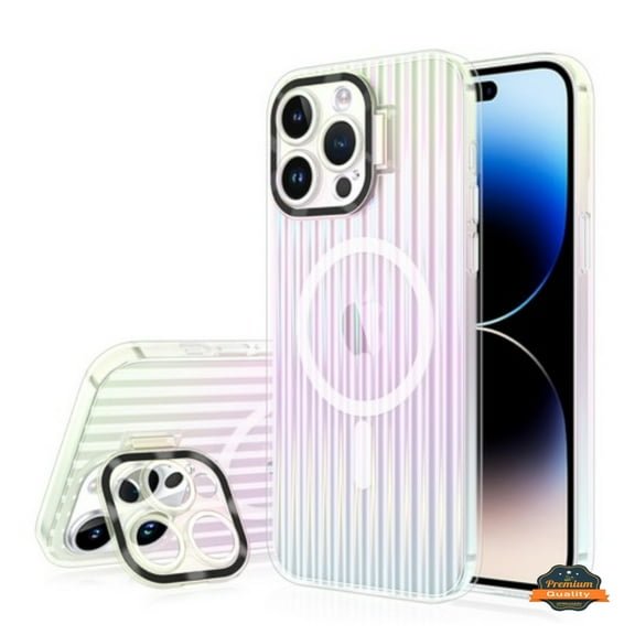 For Apple iPhone 15 Pro (6.1") Built-in Camera Kickstand Shockproof Iridescent Holographic Colorful TPU Slim Protective Cover ,Xpm Phone Case [ Black ]