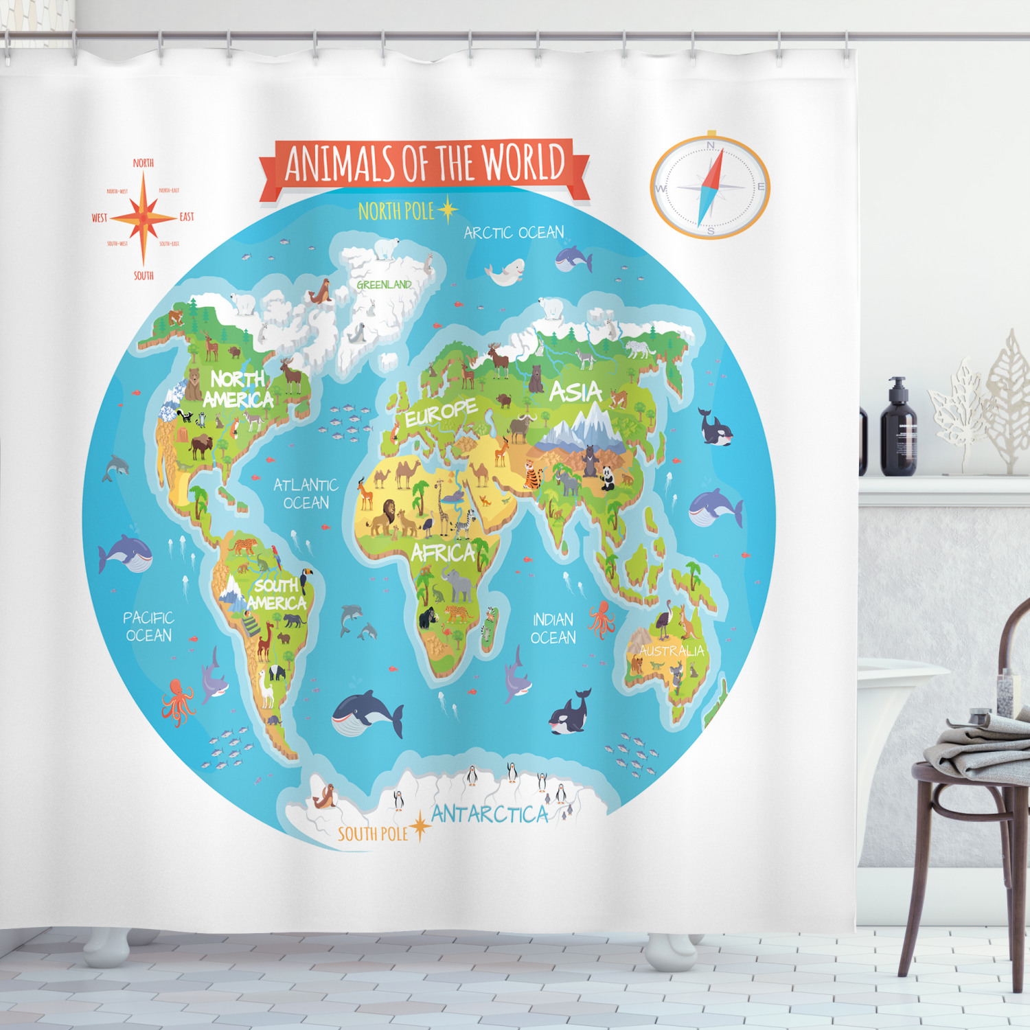 Educational Shower Curtain, Cartoon Illustrated Chart of Animals of the World and Compass on