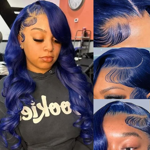 Pelucas con encaje frontal Guebb Body Wave, cabello humano azul oscuro de 22 pulgadas