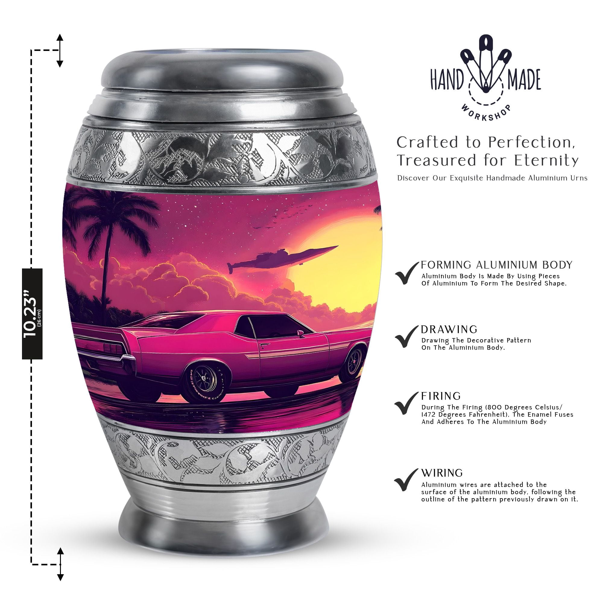KARYLIZ Pink Vintage Car Urns - Urns For Cremation Ashes - Burial Urn For Ashes For Women - Large Urn For Human Ashes Adult Male - Funeral For Adult Ashes Men - Ash Holders (Size 10inch)
