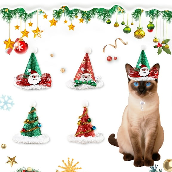 Pet Christmas Hat Xmas Tree Hat with Pompom And Bells Cats Glitter Santa Claus Hat with Adjustable Strap for Cats Dogs Holiday Parties Dress-up