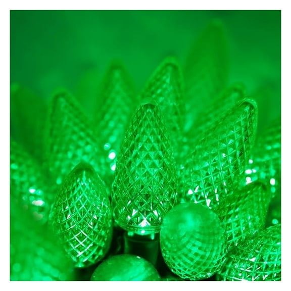 C9 LED Faceted Green Prelamped Light Set, Green Wire - 25 C9 Green LED Christmas Lights, 8" Spacing