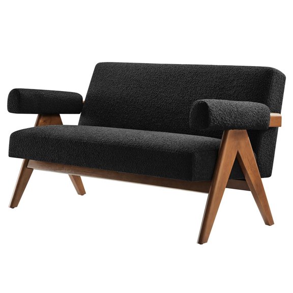 Loveseat Sofa Couch, Black, Fabric, Wood, Living Kitchen Cafe Bistro Hospitality Restaurant, Modern Contemporary HB36211