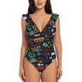 thumbnail image 2 of Yiaed Basketball Print Women's Ruffled One Piece Swimsuit V Neck Swimwear Slimming Monokini for Woman-Small, 2 of 8