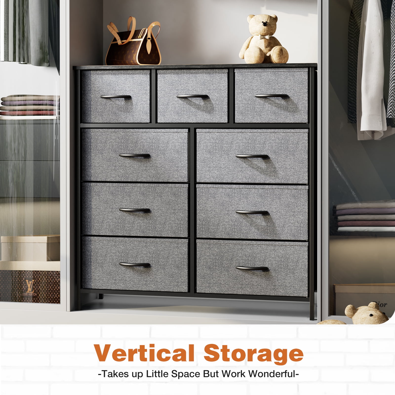 CONCETTA 9-Drawer Fabric Dresser Storage Chest for Bedroom, Closet, Storage Furniture for Adults, Gray