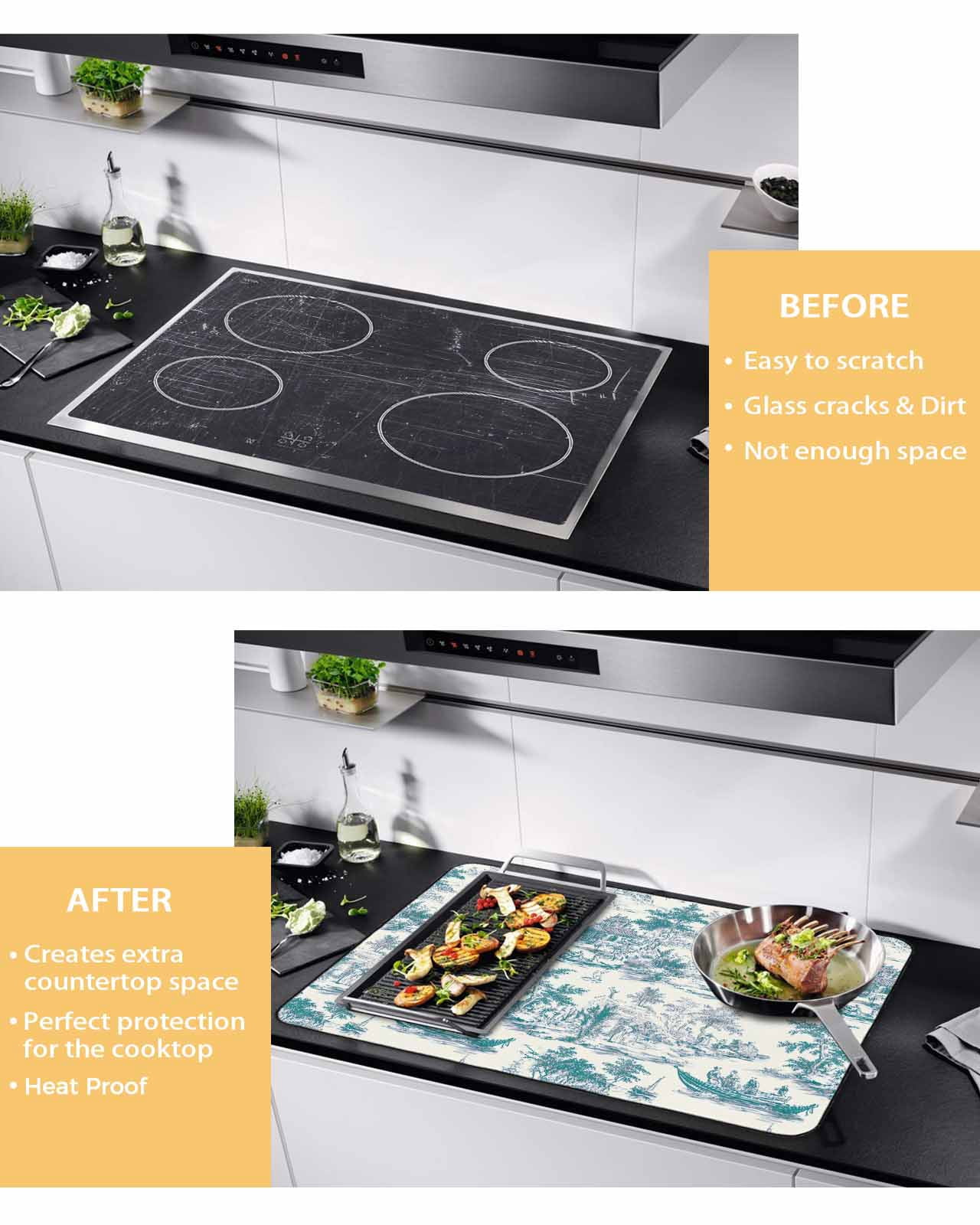 nqOlkjepod Large Induction Cooktop Protector Mat 24"x21", Green Garden Vintage Stove Top Covers for Electric Stove, Modern Art Building Boat Tree Stove Burner Cover Mats, Glass Top Stove Cover