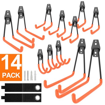 Gintenco Garage Hooks, 14 Pack Steel Heavy Duty Garage Storage Hooks with Anti-Slip Coating, Utility Garage Wall Mount Hooks for Hanging Bike, Ladder and Garden Tools