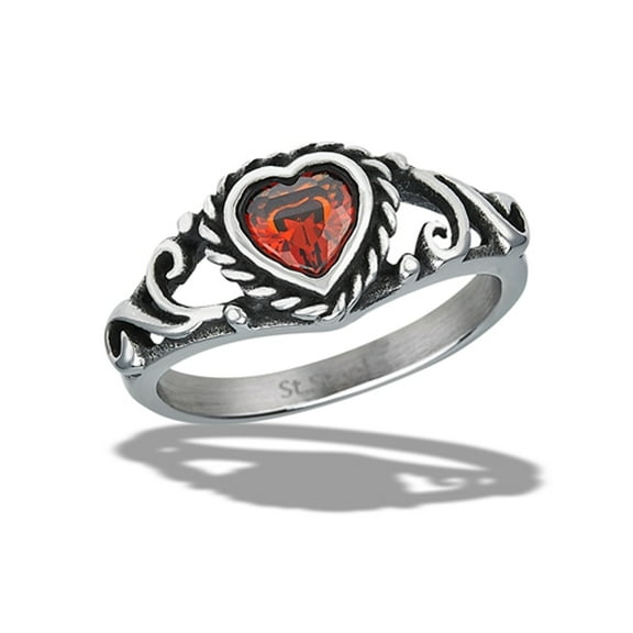 Simulated Garnet Wholesale Braided Heart w/ Swirls Ring Stainless Steel Band Red CZ Female Size 9