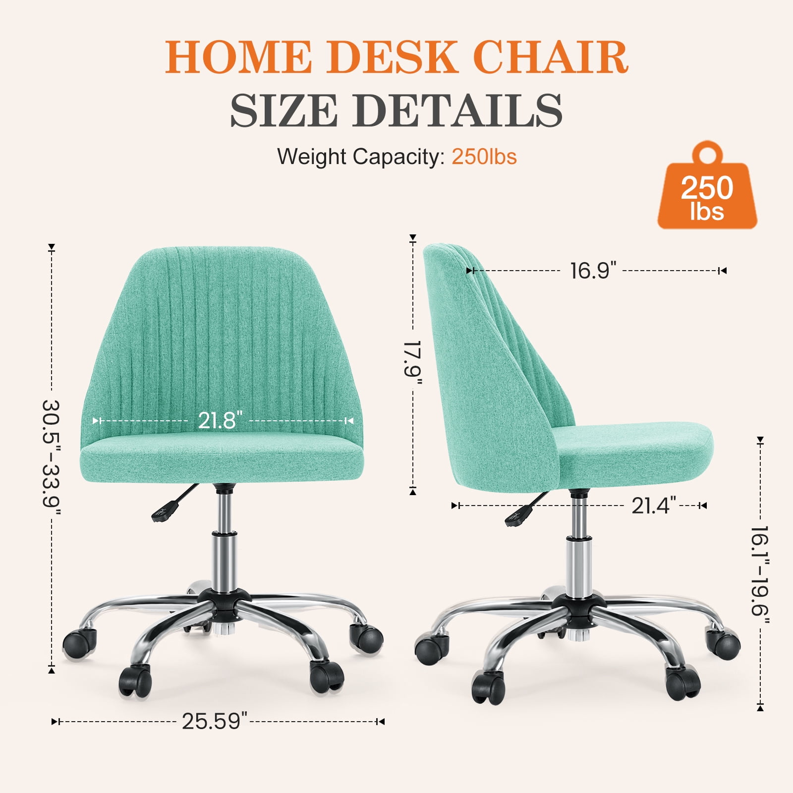 MAYEERTY Armless Office Desk Chair Height Adjustable ,Mid Back Accent Chair,Green