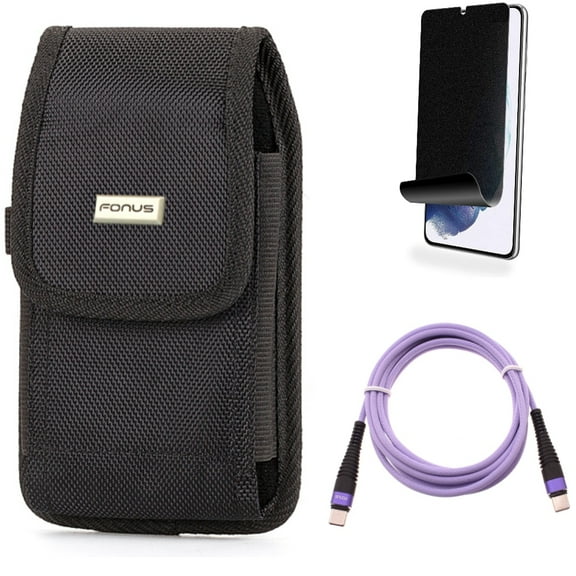 For Samsung Galaxy S21 (6.2") - Holster Rugged Case Belt Clip   [Fingerprint Works] TPU Film Privacy Screen Protector   Fast Charger Cord Type-C to USB-C Purple 10ft PD Cable