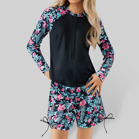 RTKFRFL Toddler Swimsuit Girl Girls Long Sleeve 2 Piece Floral Print Round Neck Swimming Outfit For Beach Pool Summer Bathing Suit Beachwear Swimwear