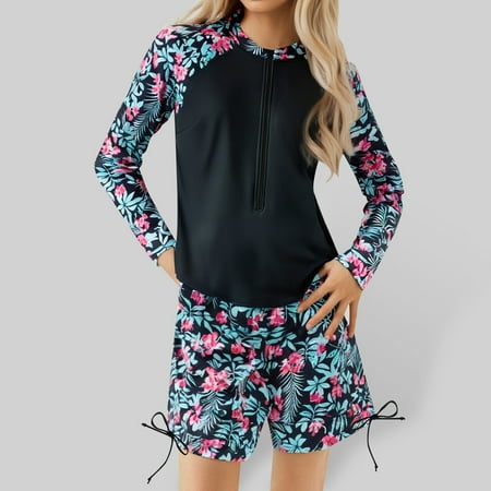 CUZIBR Swimsuit For Girls Patchwork Leaf Print Zipper Up Long Sleeve Shirt Shorts Rash Guard Bikini Set Sporty Two Piece Beachwear Sun Protection Bathing Suit Black5 12-13 Years