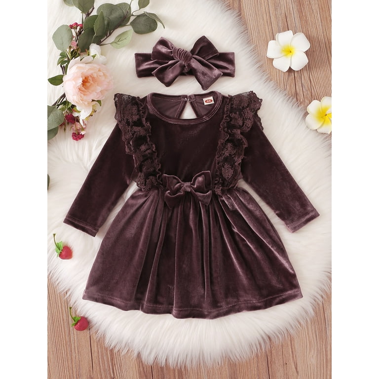 Blotona Toddler Baby Girl Velvet Dress Fall Winter Ruffle Pleated Dress  Cute Kids Lace Formal Party Princess Dreses with Headband