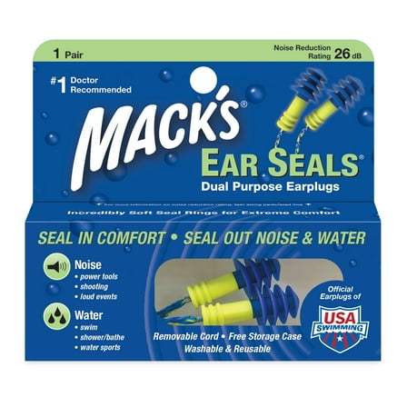 Mack’s Ear Seals Earplugs, 1 Pair with Detachable Cord - 26db High NRR - Dual Purpose Comfortable Ear Plugs for Noise Reduction and Blocking Water