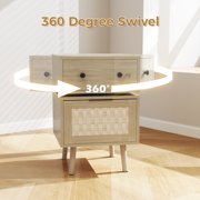 Bonzy Home Nightstand, Rotating Bedside Table with Woven Doors, Rattan Bedside Table with Storage for Bedroom, Living Room