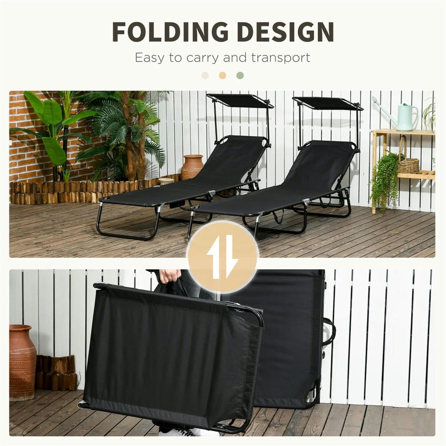 Demi Bonn Outdoor Folding Chaise Lounges Set of 2 with Canopy, Steel Frame, Side Pockets, Reclining Sun Chairs for Beach, Yard, Patio, Black