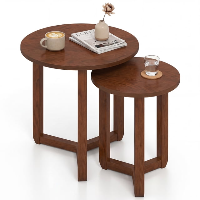 Costway Round Nesting Coffee Table Set of 2 with Thickened Top & Solid Rubber Wood Legs Walnut