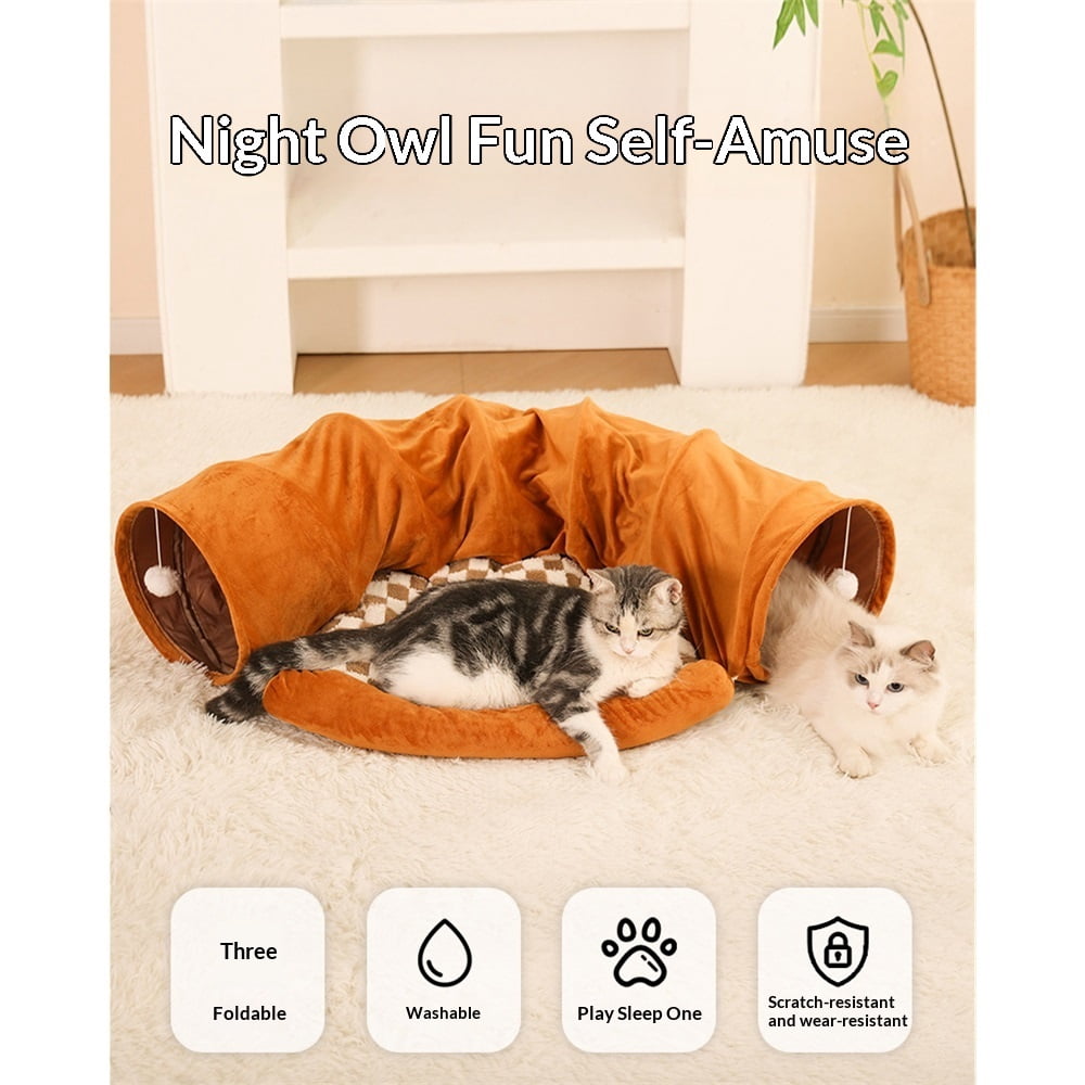 Bunny Tunnel Bed, 2-in-1 Collapsible Tunnel Tubes Toys with Removable Mat Hideout for Cats Kittens Rabbits Guinea Pigs Kitty