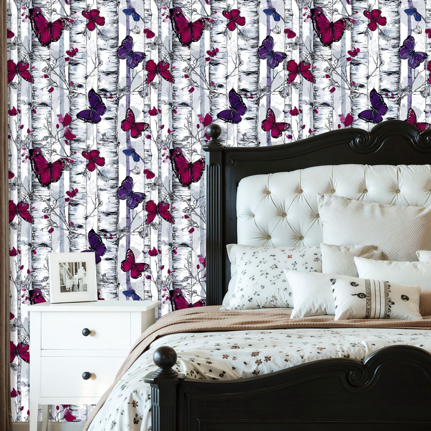 Peel and Stick Wallpaper Butterflies Birch Trees Magenta Purple Grey Ink Wall Mural 23.6in x 9.8ft Self Adhesive Removable Wall Paper Renter Friendly Wallpaper for Bedroom Livingroom Office Studio