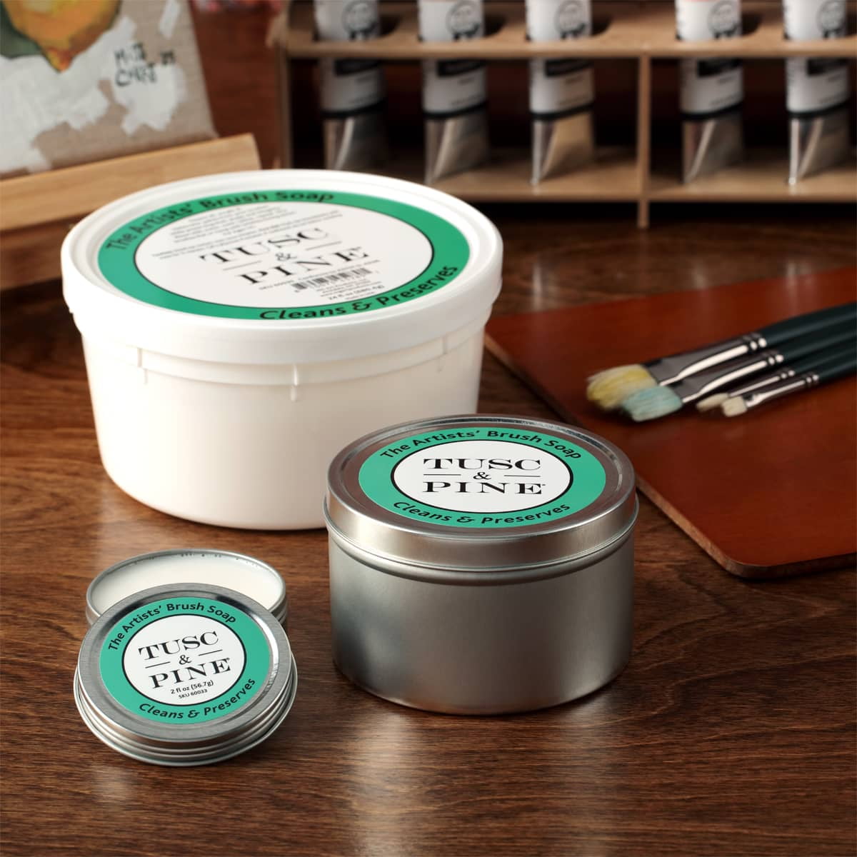 Tusc & Pine The Artists' Brush Soap - 12oz Plant-Based Brush Cleaner, Oil, Acrylic, Watercolor Paint - Nourishes Bristles; Made in North Carolina; Alkali Soap, Gentle Pine Fragrance