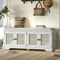 WGYPRIME Country Style Shoe Storage Bench, Multifunctional Wood Entryway Shoe Bench with Removable Cushion and Woven Rattan Doors, Shoe Organizer for Hallway, Living Room