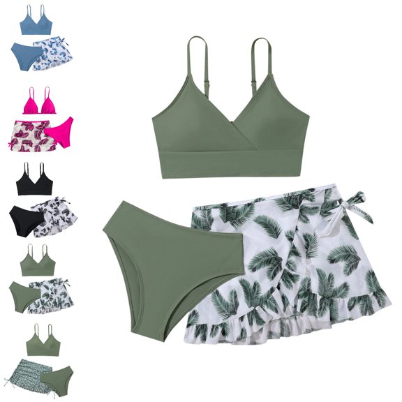 UJNDER Girls 3 Piece Swimsuit Cute Floral Print Set With Skirt and Adjustable Shoulder Straps 6-14Y Girls Bathing Suit Army Green,15-16 Years