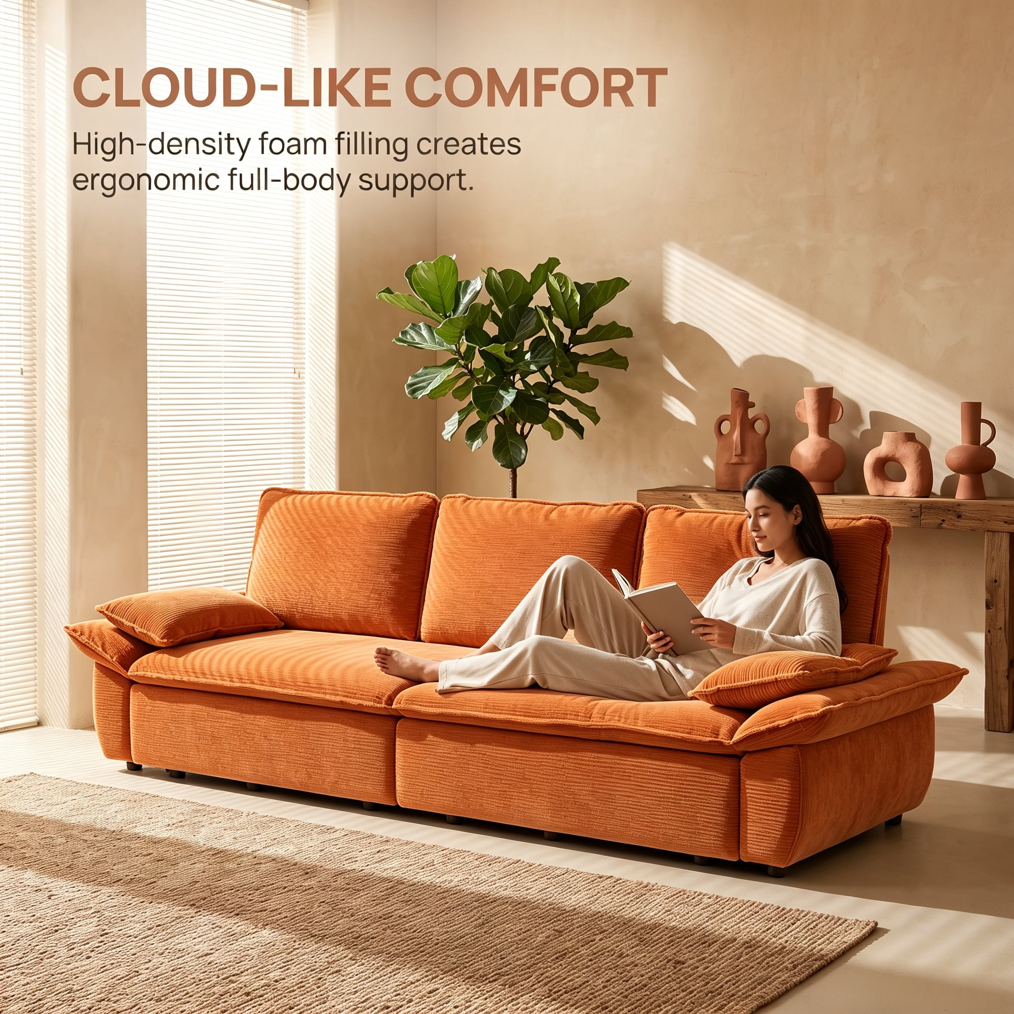 3-in-1 King Size Sleeper Sofa Bed, 94.5" Corduroy Convertible Pull Out Couch with Steel Frame, Modern Folding Lounge Sofa for Living Room, Orange