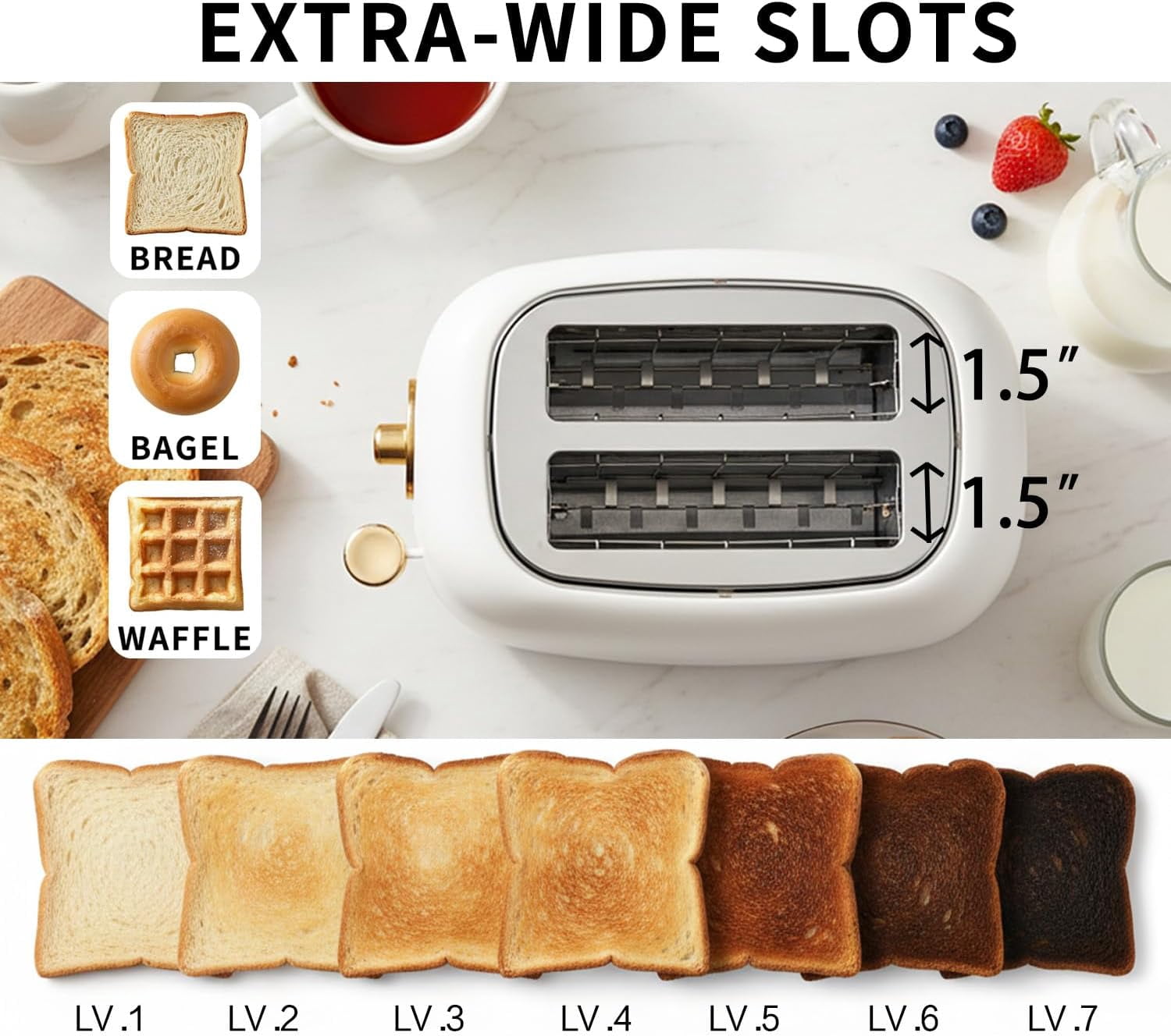 2-Slice Toaster Wide Slots 7 Bread Shade Settings Stainless Steel Bagel Cancel and Defrost Functions Removable Crumb Tray Retro Style Toaster Matte White Gold