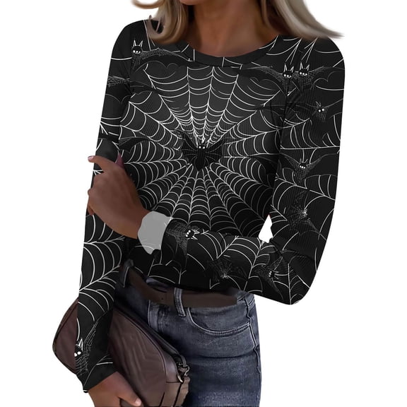 Satingcolo Womens Halloween Long Sleeve Crewneck Shirts Fall Trendy Funny Pumpkin Bats Skull Graphic Slim Basic Tops Dark Gray 2XL