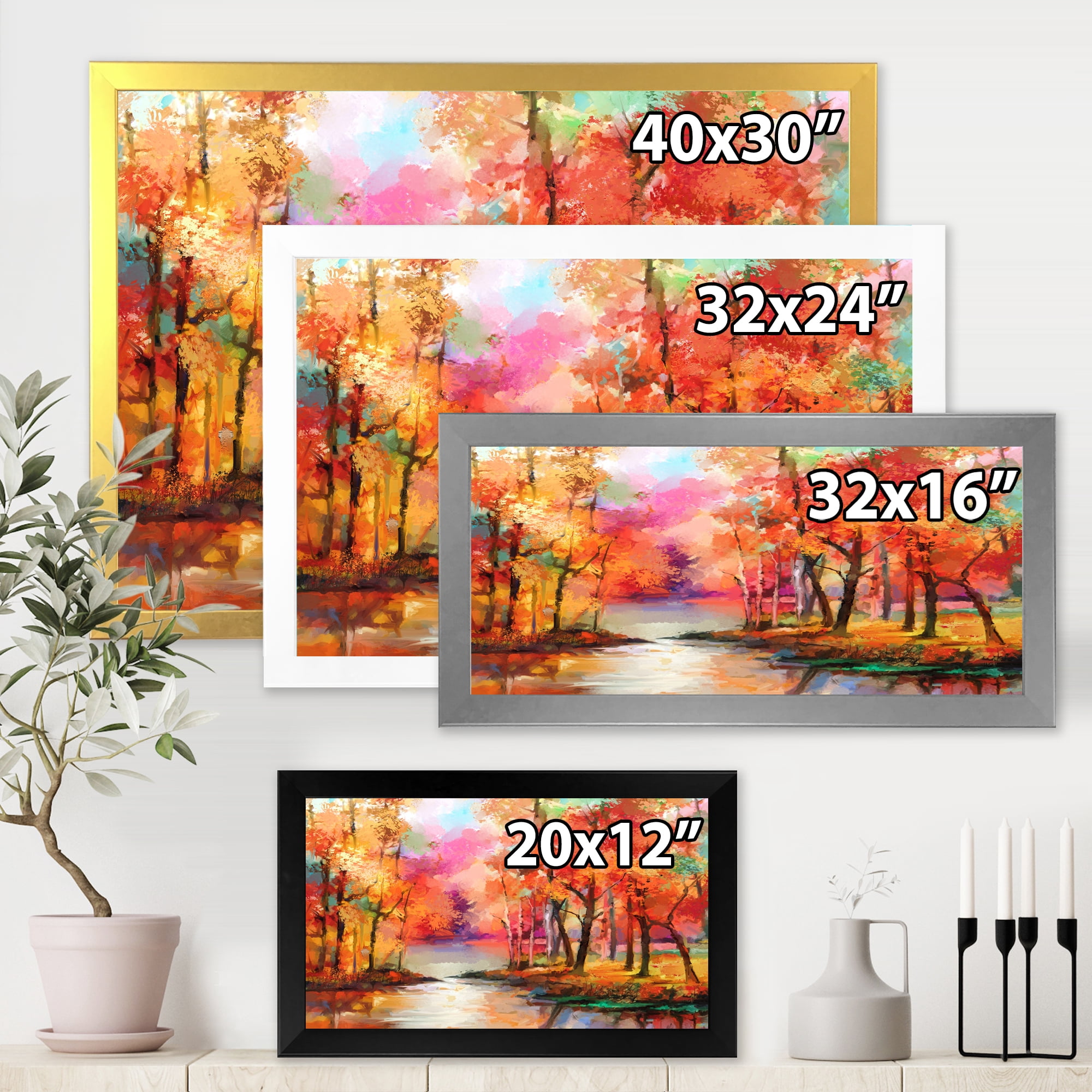 Designart 'The Lake In Autumn By Colorful Autumn Trees' Modern Framed Art Print