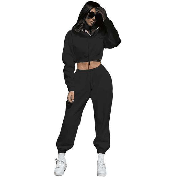 Women's 2-Piece Fleece-Lined Tracksuit Set, Cropped Hoodie with Jogger Pants, Casual Athletic Style, Black - Medium