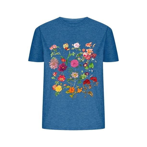 Blusas de Verano de las Mujeres Flor Impresa Cuello Redondo Manga Corta Superior, Verano Superior de las Mujeres