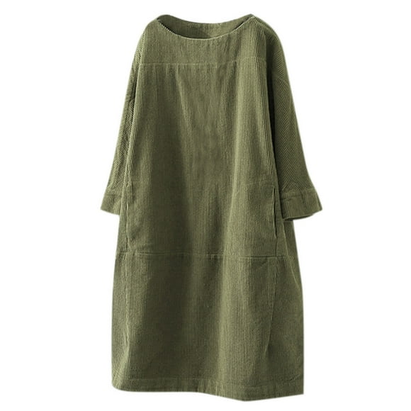 Pompotops Plus Size Fashion Women O-Neck Long Sleeve Corduroy Solid Pockets Casual Dress