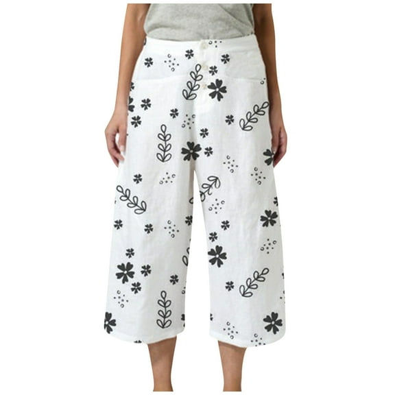 Odeerbi Capris Pants for Women 2025 Casual Floral Printed High Waist Straight Cropped Pants Gray