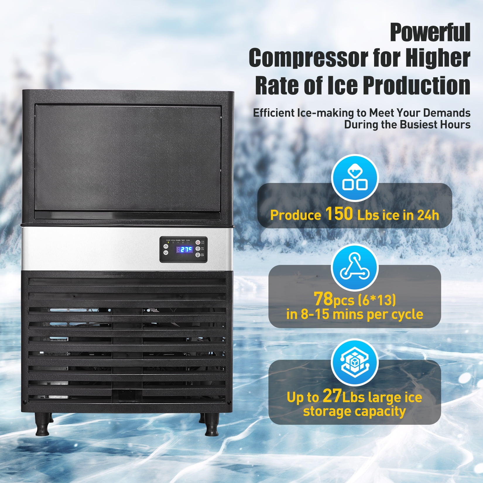 Commercial Ice Maker Machine 150LBS/24h with 26LBS Storage, Freestanding Ice Makers for Home Bar Restaurant Café, Stainless Steel Ice Cube Maker Machine