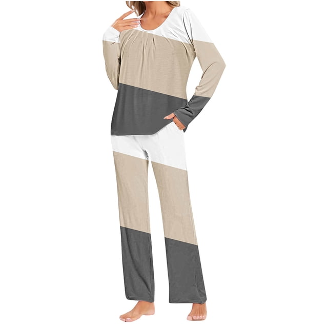Yuyuzo Womens Pajama Sets 2 Piece Color Block Long Sleeve Crew Neck Tops Lounge Pants with Pockets