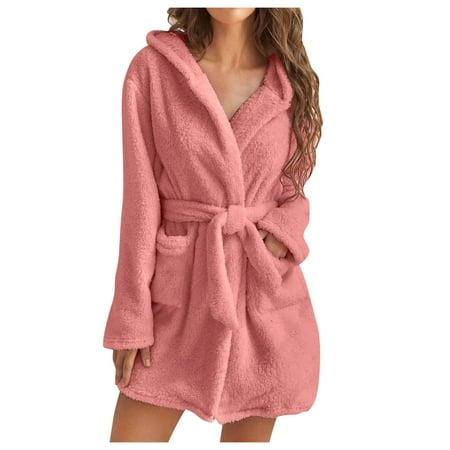 

Women Hooded Bathrobe Lightweight Soft Plush Flannel Sleepwear Hooded Bathrobes Plush Short Soft Robe Pajamas Womens