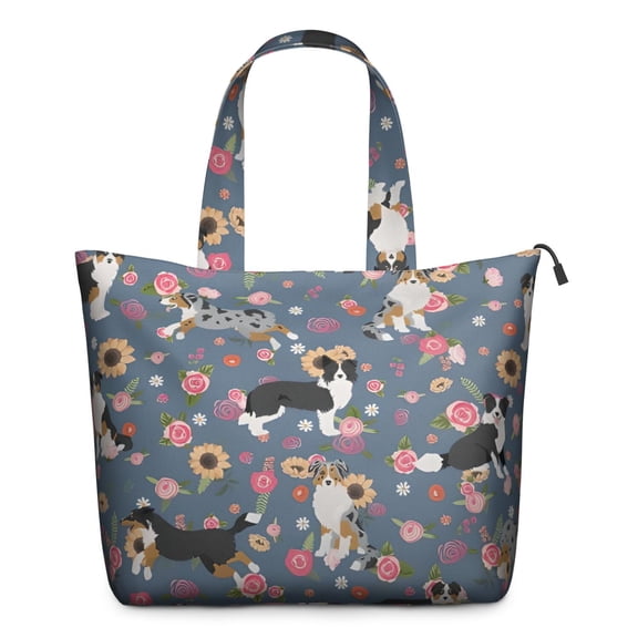 Border Collie Dog and Flower Florals Travel Tote Bags for Women Carry On,Large Weekender Bags for Women Travel,Multi Functional Duffle Bag for Work,Shopping,Sports