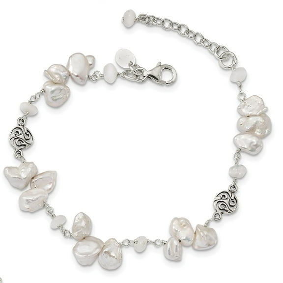 Primal Silver Sterling Silver Freshwater Cultured Keshi Pearl and Moonstone with 1 Inch Extension Fancy Bracelet