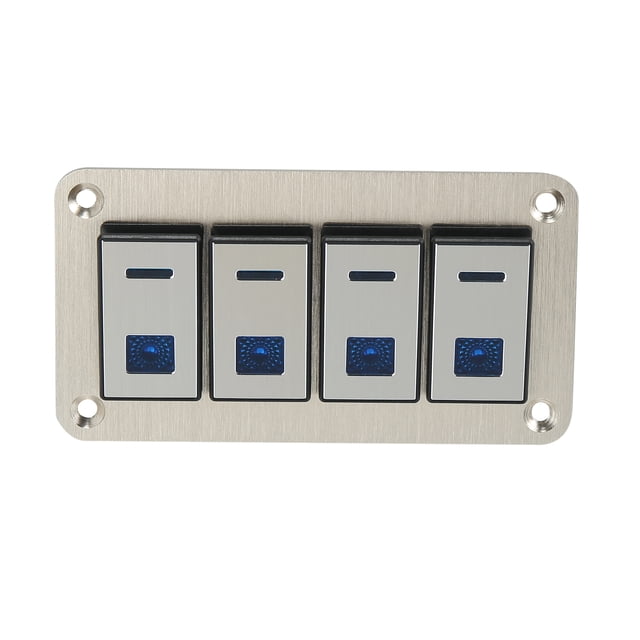 Car Marine Boat 4 Gang 5 Pin Toggle Rocker Switch Panel 12V/24V Circuit Breaker Blue LED Indicator Waterproof Aluminum Alloy Gold Tone