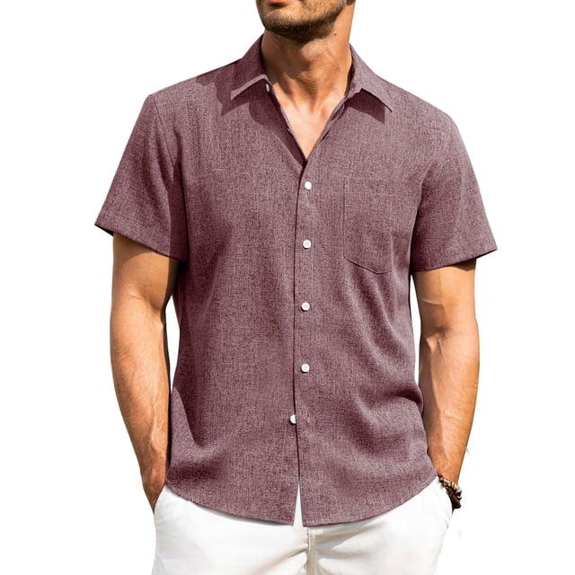 Camisa Alimens & Gentle de lino para hombre, manga corta, color rojo vino, 2XL