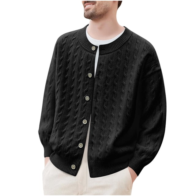 fheaev Sweater for Men Fall Soft Classic Pullover Top Man Solid-Color Casual Elastic Knitwear Button-Up Long Sleeve Coarse-Needle Cardigan Round-Neck Sweater