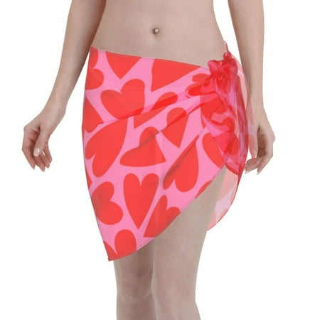Coaee Red Love Heart Women s Short Sarongs Beach Wrap Sheer Bikini Wraps Chiffon Cover Ups for Beach  Swimming  Holiday